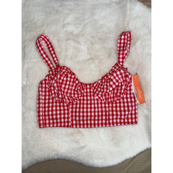 Colsie size Small Red Gingham Crop Corset Bra Top Shirred Smocked back NEW - Picture 2 of 5